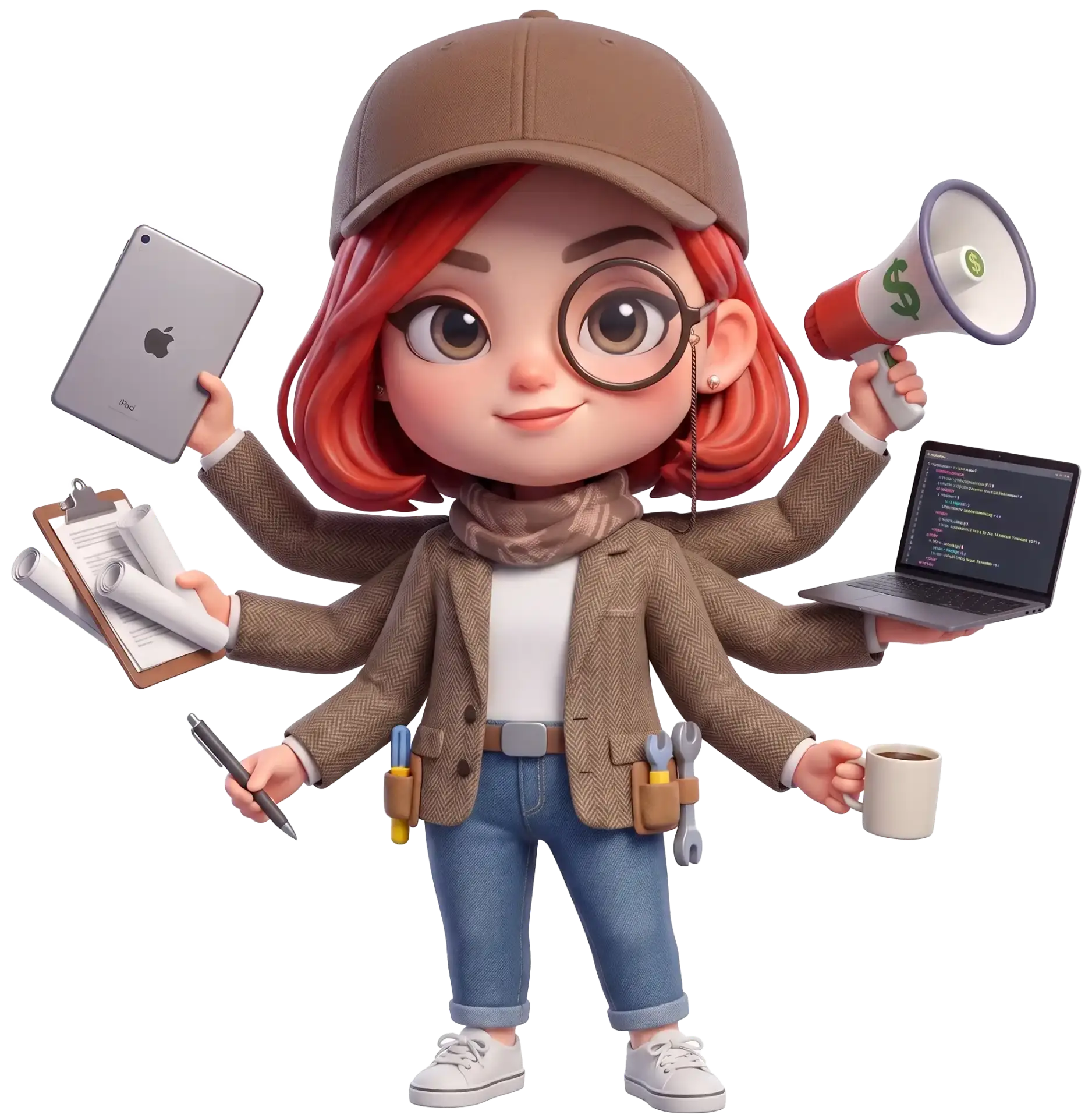Chibi-Illustration einer eierlegenden Wollmilchsau: rothaarige Freelancerin mit sechs Armen, die Tablet, Laptop, Klemmbrett, Stift, Megafon und Kaffee jongliert