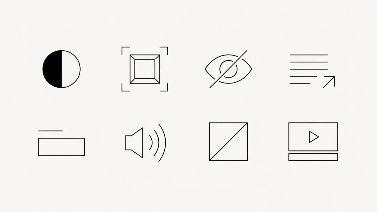 Icon-Grid mit acht Symbolen zu Kontrast, Tastaturfokus, Textgröße, Formularlabels, Audio, Alternativtext und Untertiteln