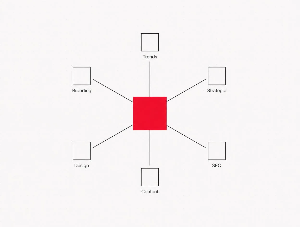 Keyword-Cluster: ein Fokus-Keyword in der Mitte, sechs Nebenkeywords als Satelliten