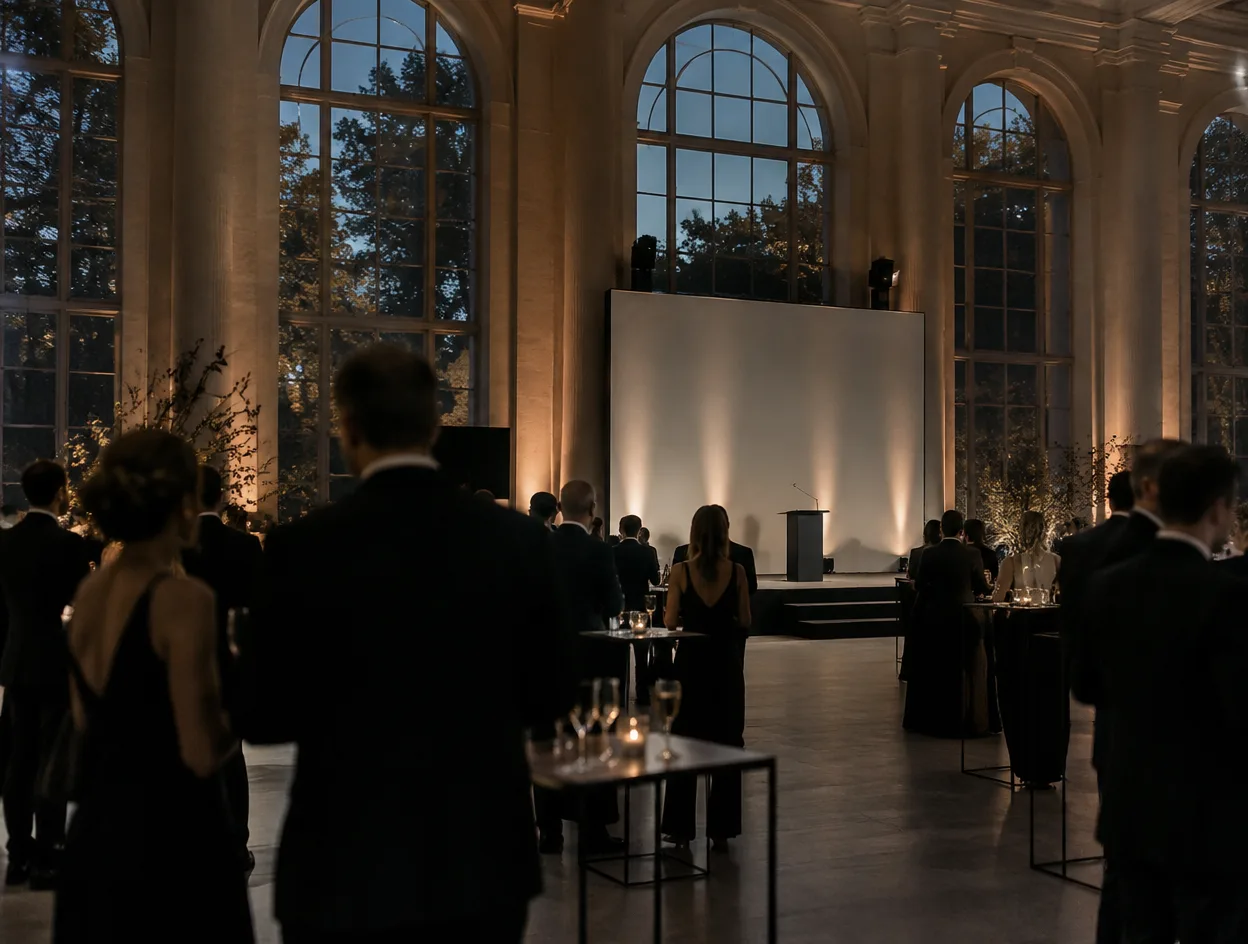 Award gala in a historic orangery with stage and guests