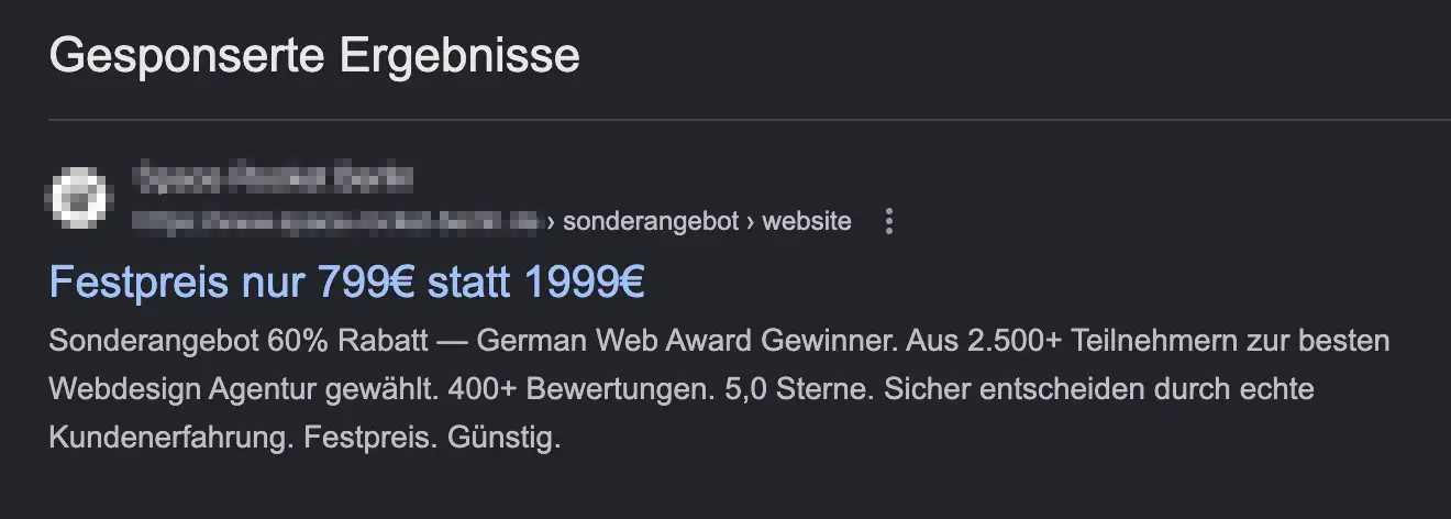 Google-Ads-Anzeige einer Webdesign-Agentur mit Festpreis 799 Euro statt 1.999 Euro und Rabatt-Versprechen