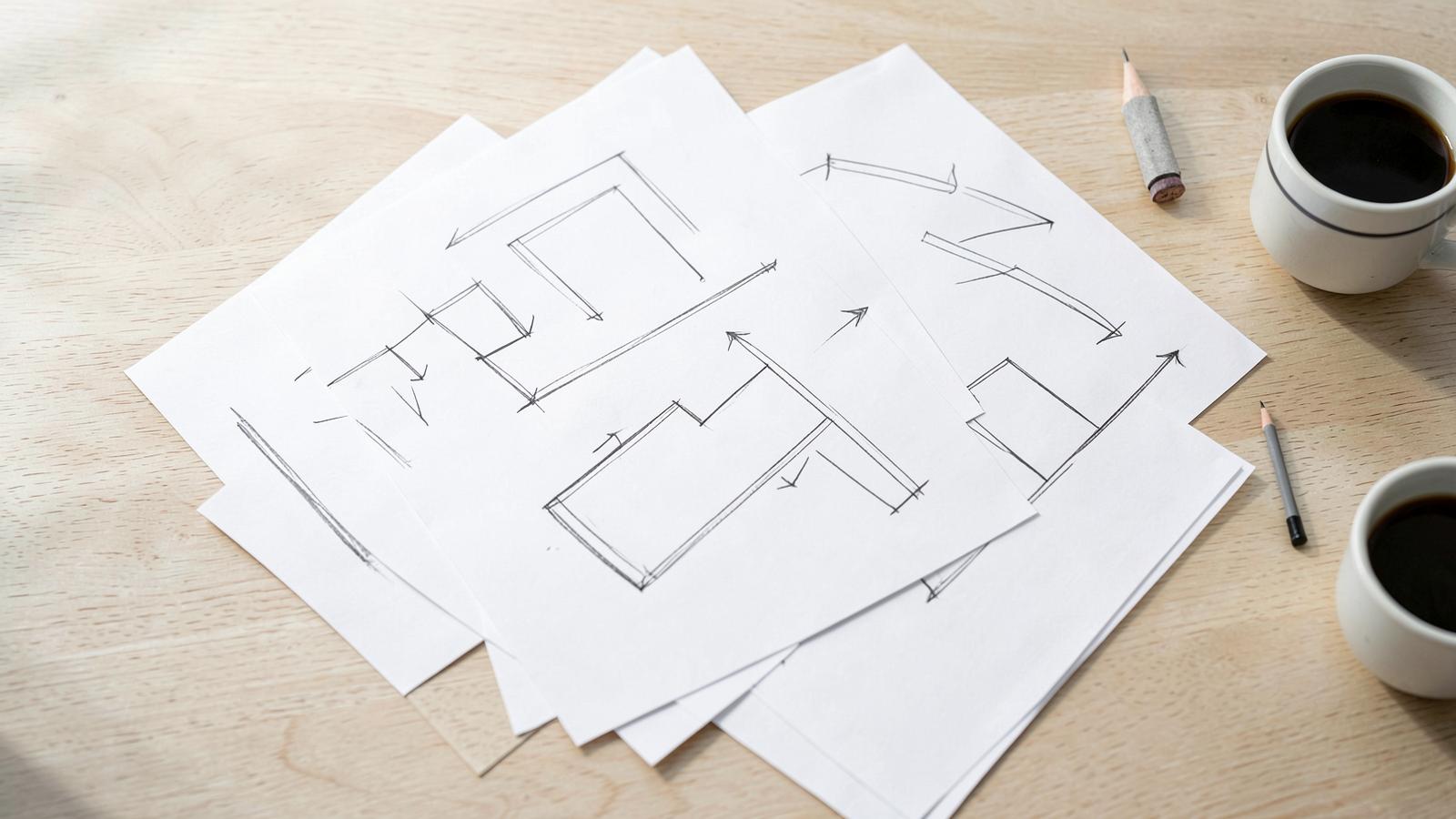 Overhead view of a wooden table with hand-drawn storyboard sketches, pencils and coffee cups