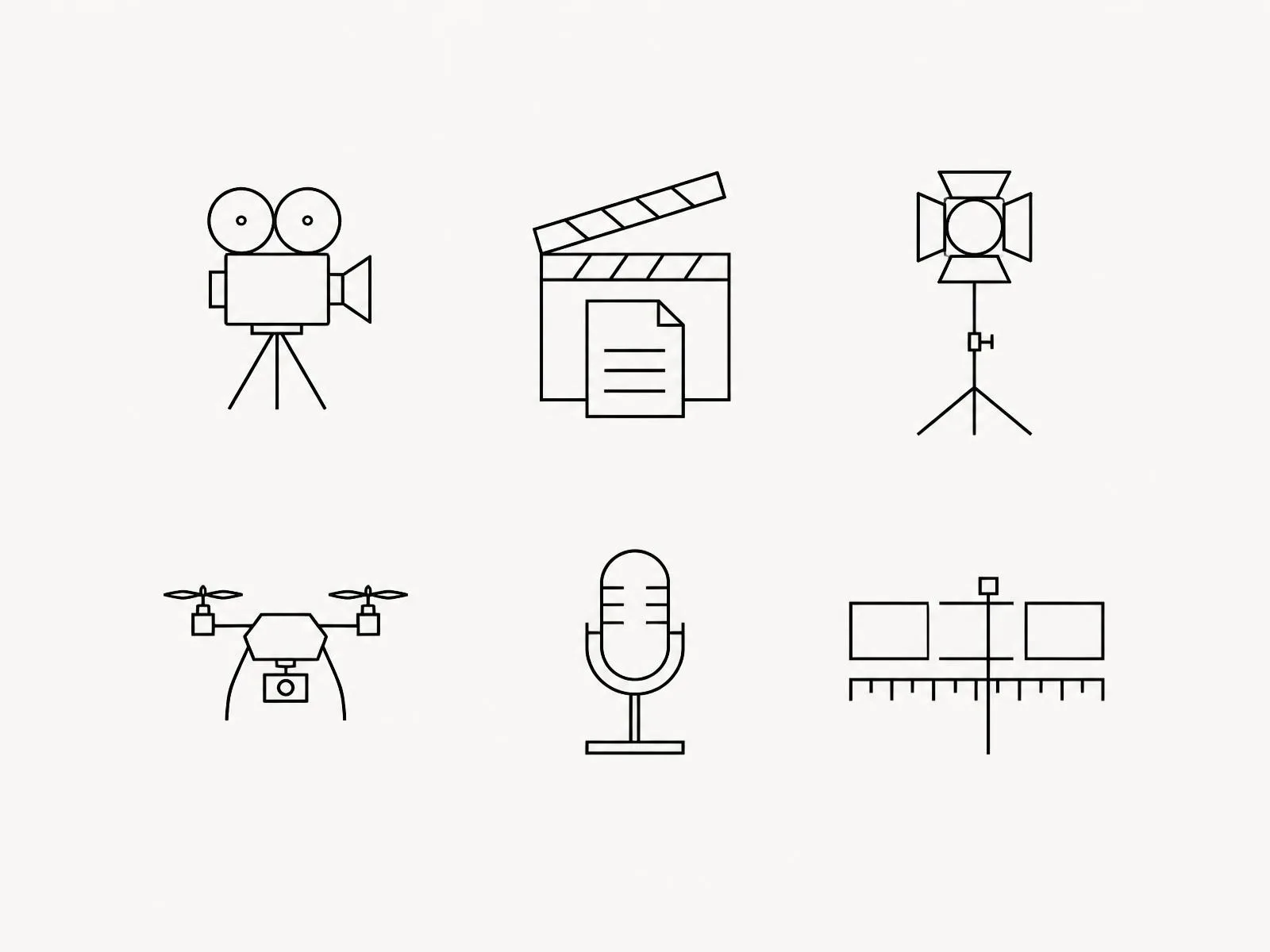 Six line icons for the main cost factors in film production: camera, script, lighting, drone, sound and editing
