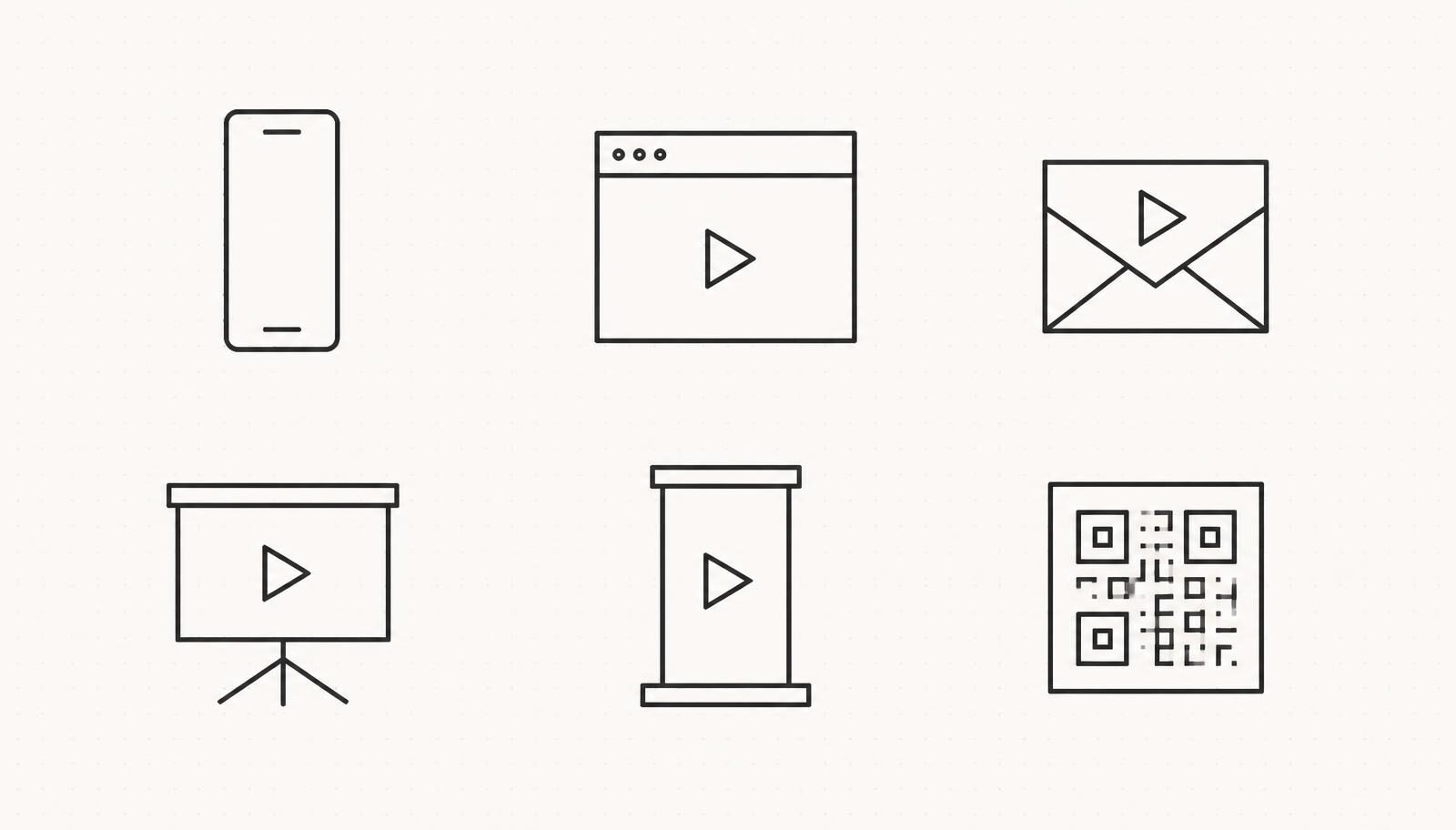 Sechs Liniensymbole: Smartphone, Browserfenster, E-Mail, Präsentationsleinwand, Messedisplay und QR-Code