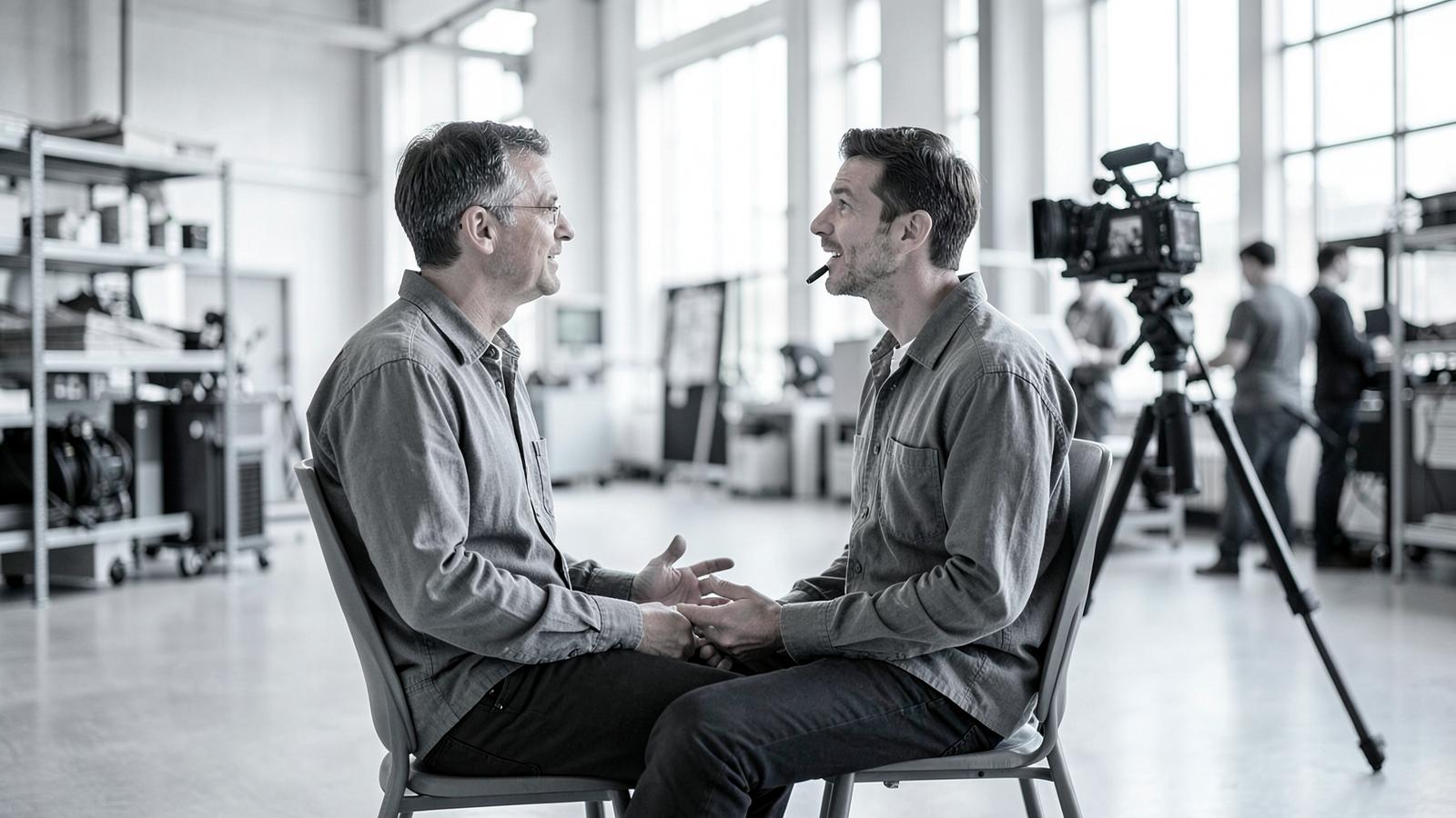 Documentary-style photo: two people sit talking in a bright industrial hall, with a camera on a tripod to one side