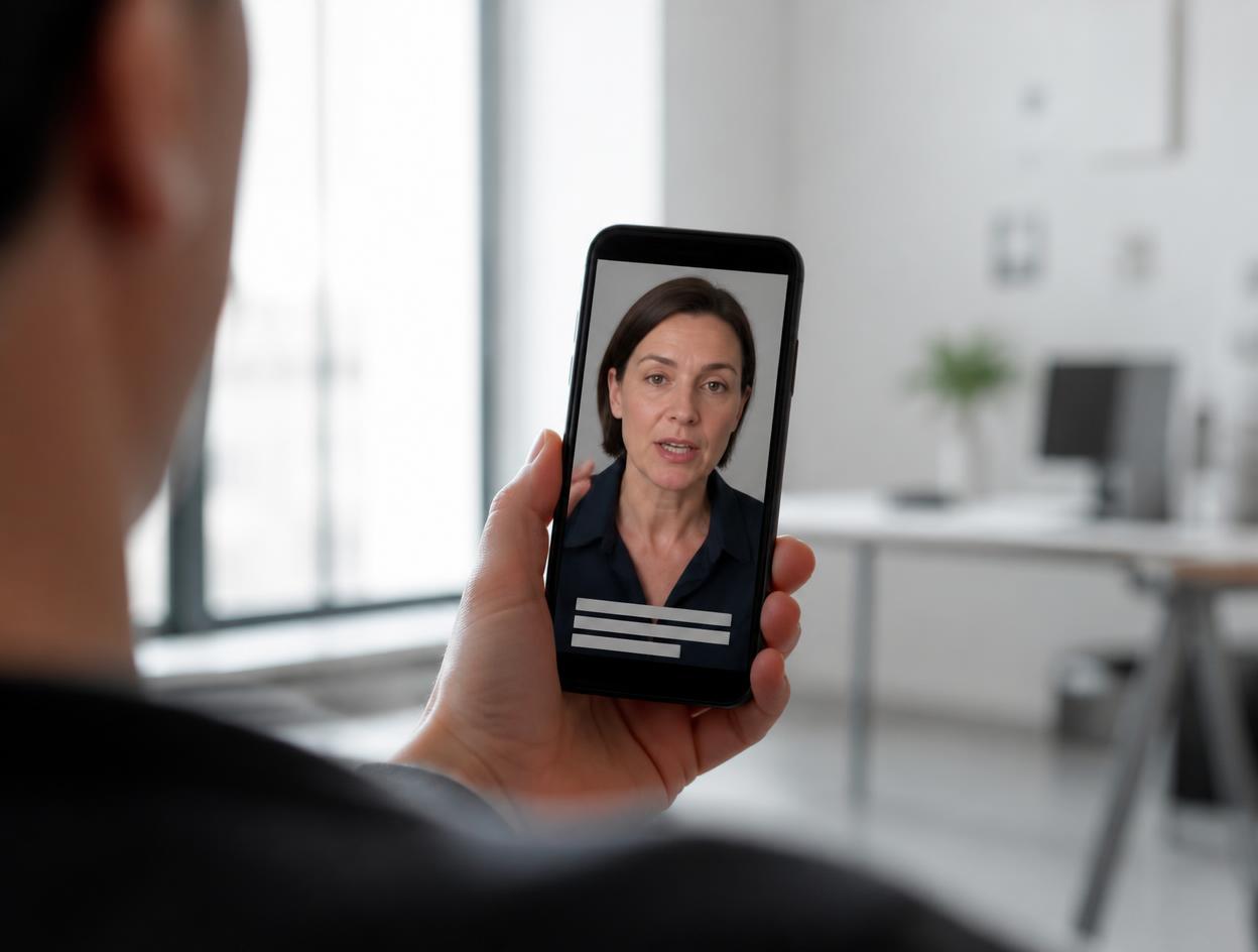Person schaut auf dem Smartphone ein vertikales LinkedIn-Video mit Untertiteln