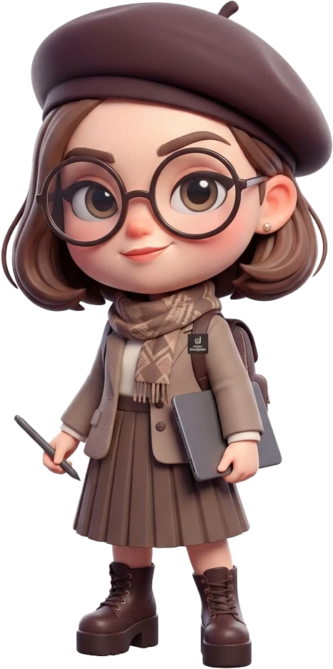 Chibi-Illustration einer Webdesignerin mit Baskenmütze, Skizzenbuch und Stift