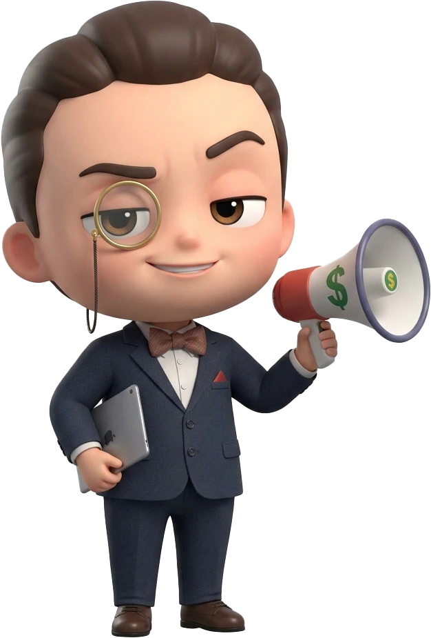 Chibi-Illustration eines Performance-Marketers mit Monokel, Megafon und Tablet