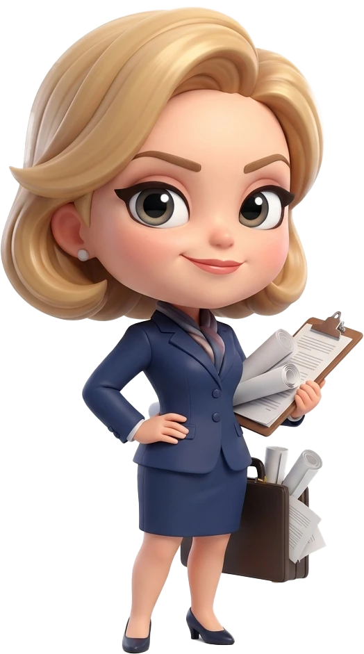 Chibi-Illustration einer Strategin im Business-Anzug mit Klemmbrett und Aktentasche