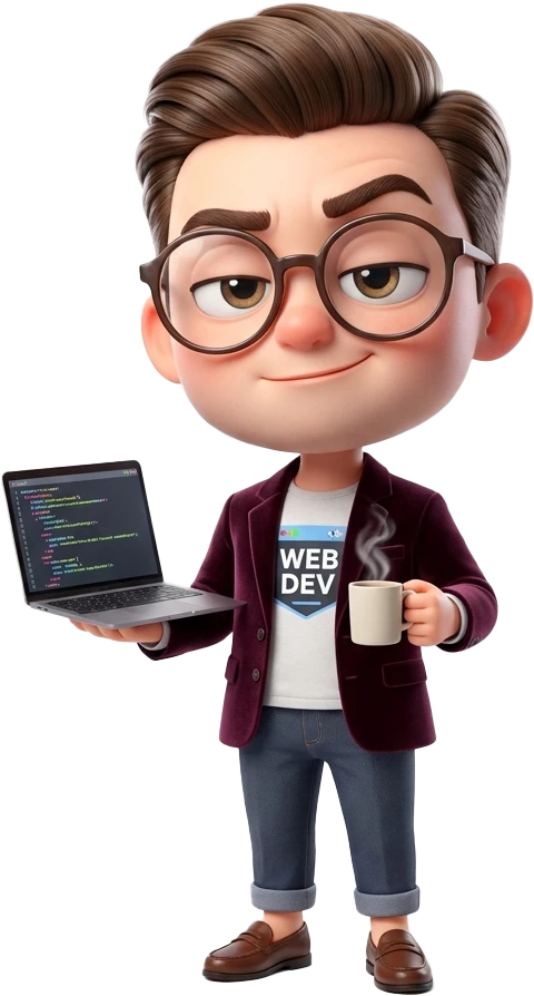 Chibi-Illustration eines Webentwicklers mit Laptop und Kaffeetasse
