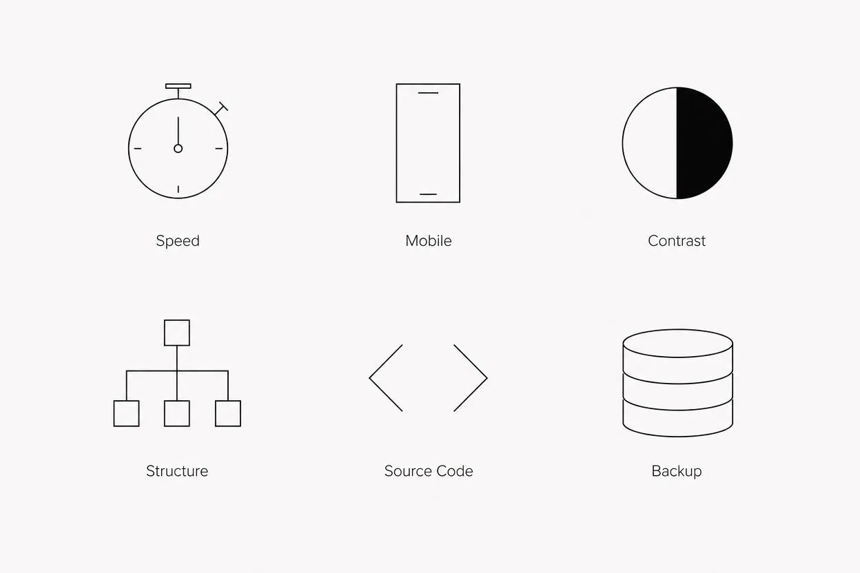 Icon-Grid mit sechs Prüfkriterien: Speed, Mobile, Contrast, Structure, Source Code, Backup