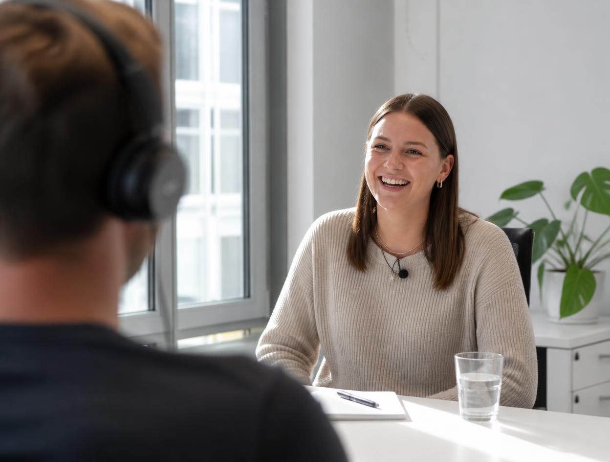 Mitarbeiterin lacht während eines Interviews am Schreibtisch, im Vordergrund die Interviewerin mit Kopfhörern