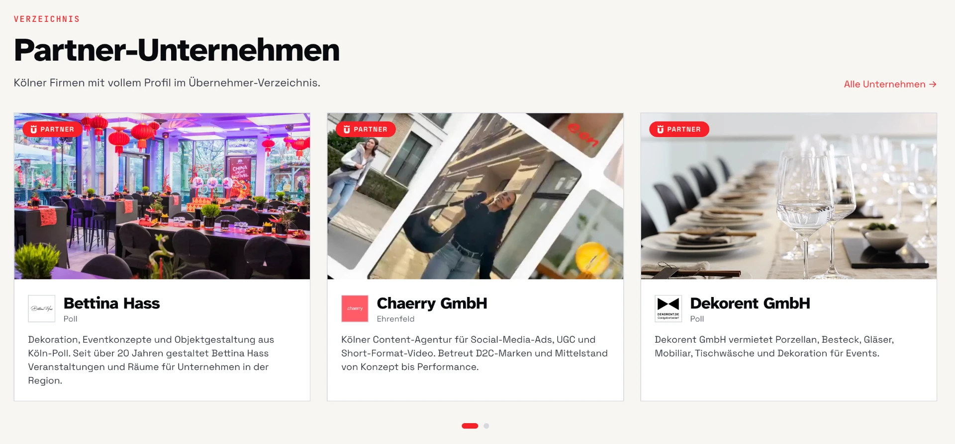 Verzeichnisansicht mit Partner-Unternehmen auf uebernehmer.koeln, jeweils mit Titelbild, Logo, Veedel und Kurzbeschreibung