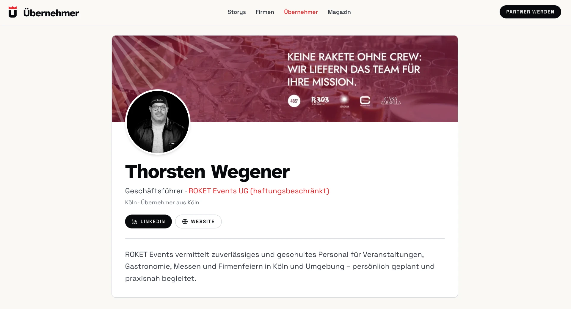 Profilseite eines Übernehmers auf uebernehmer.koeln mit Portraitfoto, Rolle, verlinktem Unternehmensprofil sowie Buttons zu LinkedIn und Website