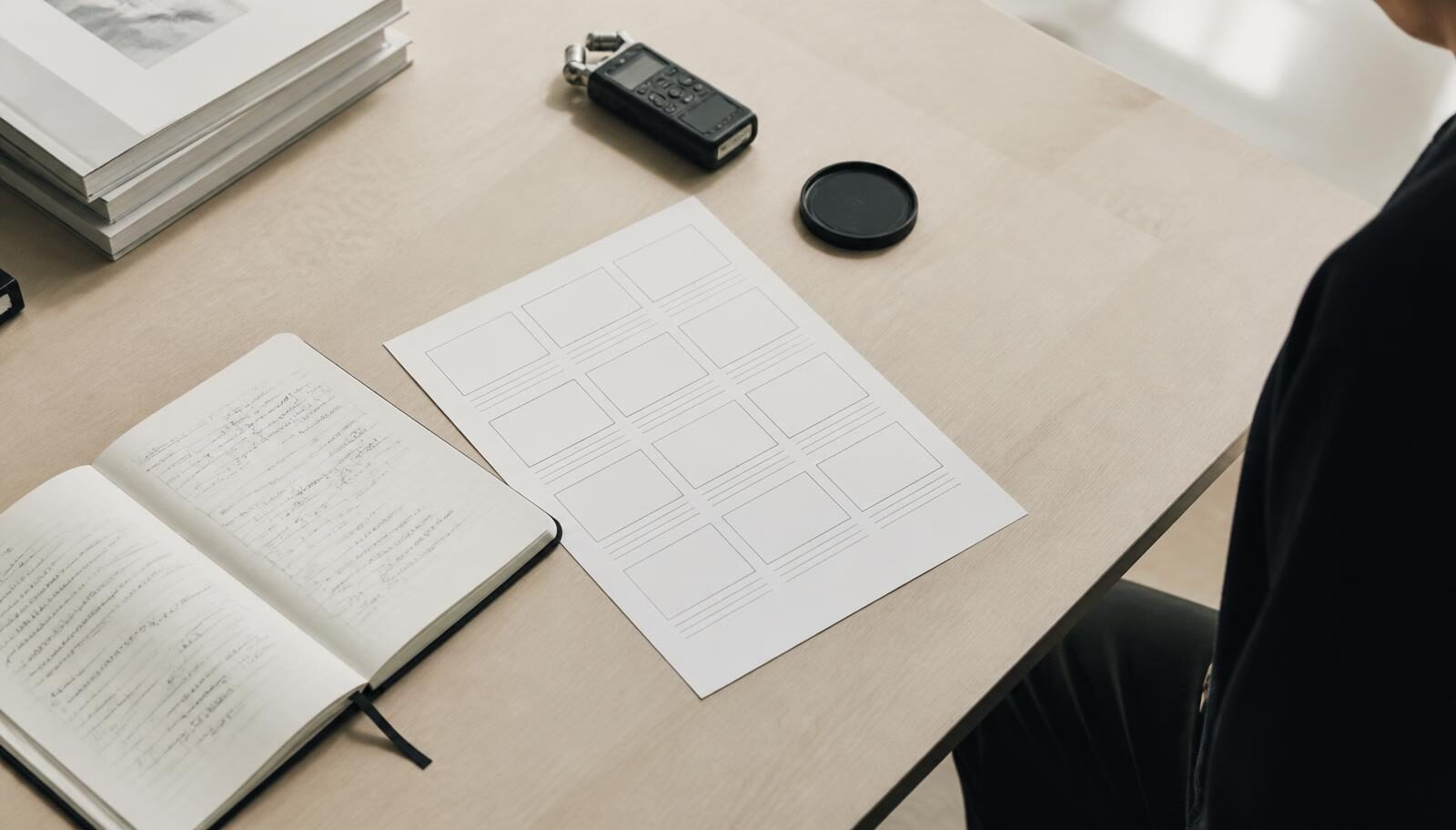 Arbeitstisch mit aufgeschlagenem Notizbuch, leerem Storyboard-Raster, Audiorecorder und Objektivdeckel