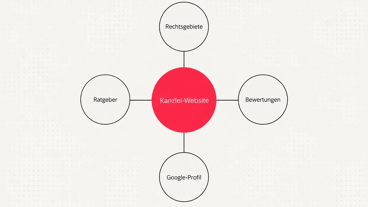 Schaubild: Kanzlei-Website in der Mitte, verbunden mit Rechtsgebieten, Ratgeber, Google-Profil und Bewertungen