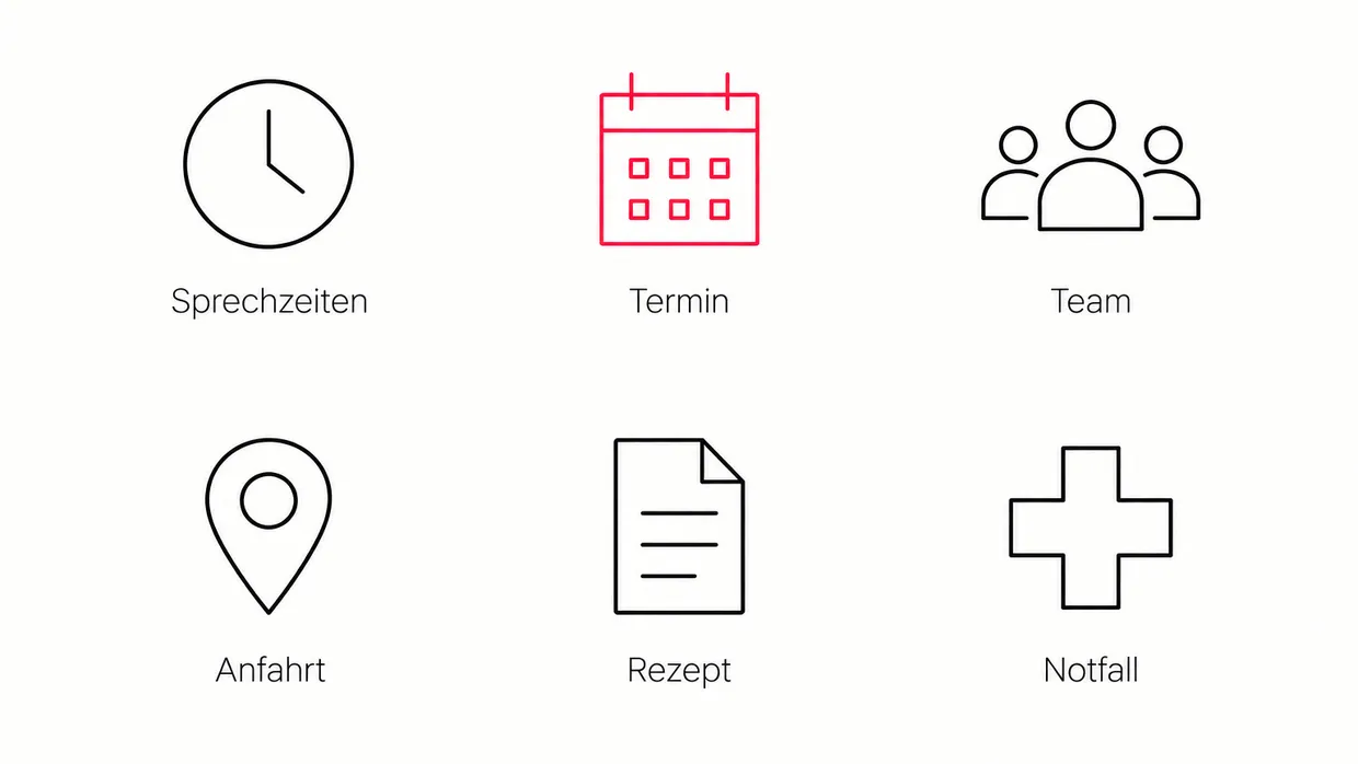 Six icons: opening hours, appointment, team, directions, prescription and emergency