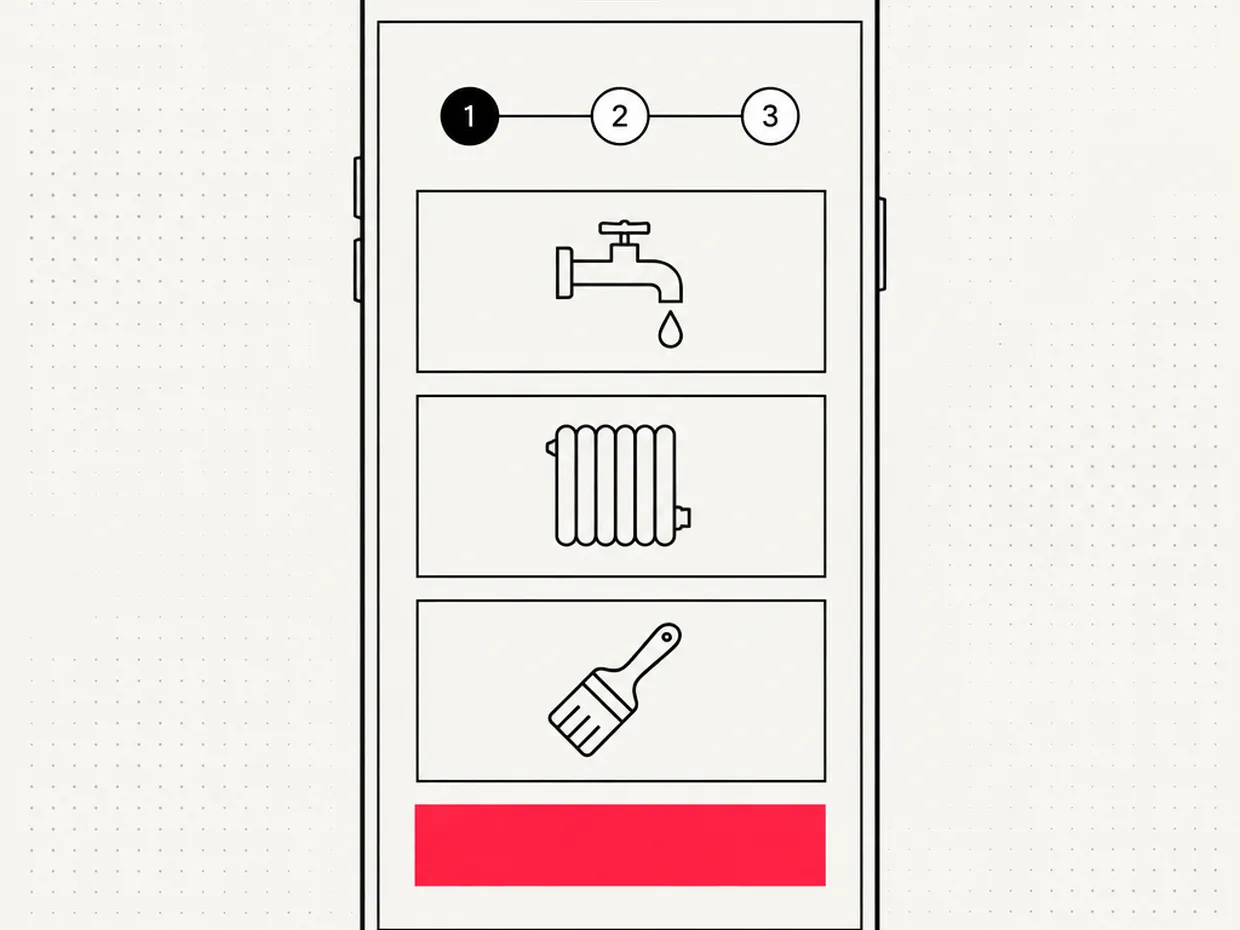 Smartphone with a three-step enquiry form and selectable service tiles