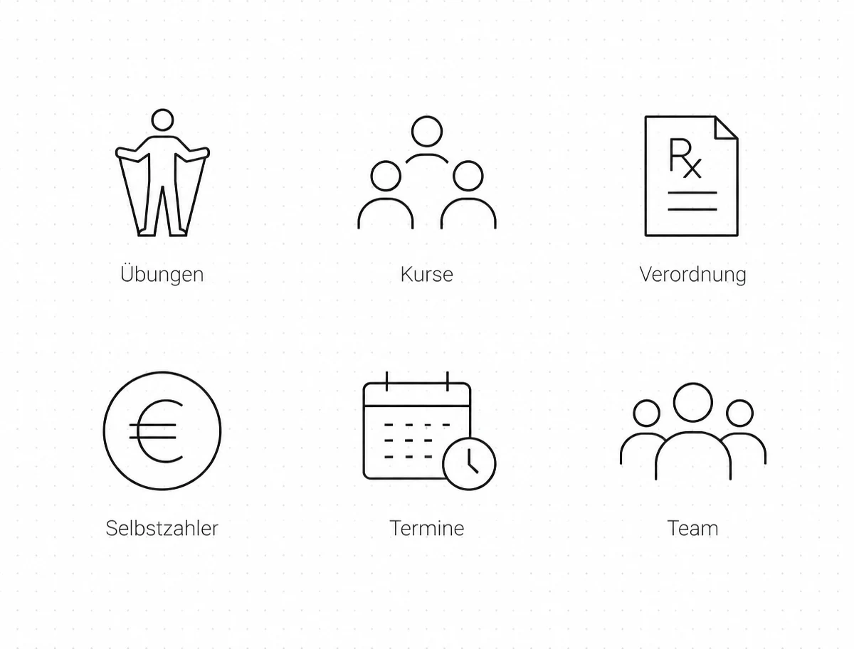 Übersicht der Leistungsbereiche einer Physiotherapie-Praxis auf der Website