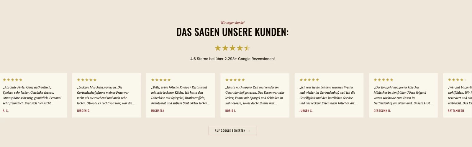 Bewertungssektion der Gertrudenhof-Website mit 4,6 Sternen aus über 2.293 Google-Rezensionen und Gästezitaten