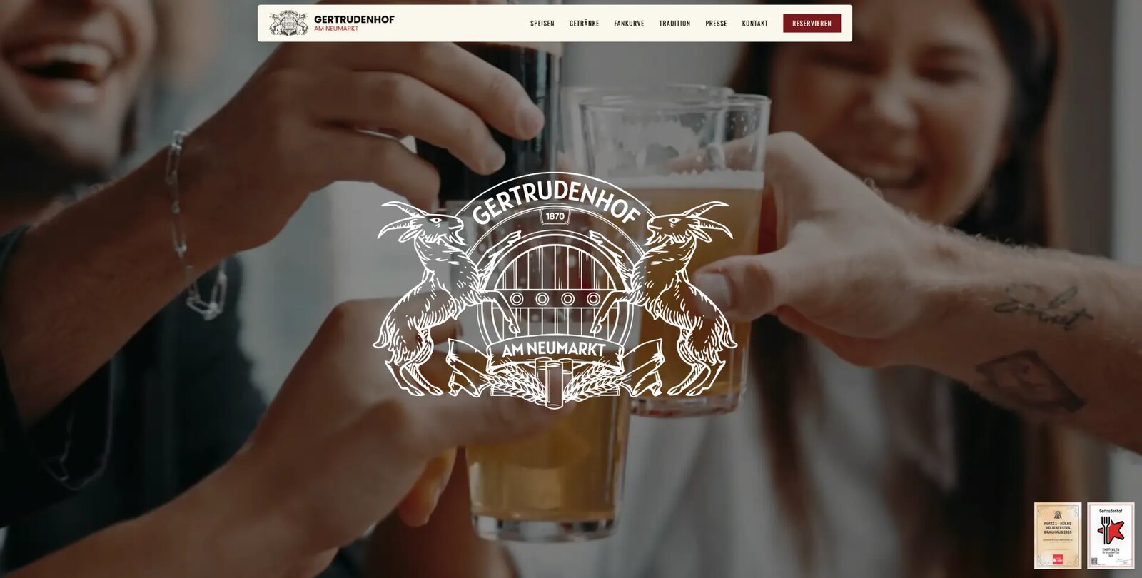 Startseite des Brauhauses Gertrudenhof am Neumarkt in Köln mit Videohintergrund, Wappen und Reservierungsbutton