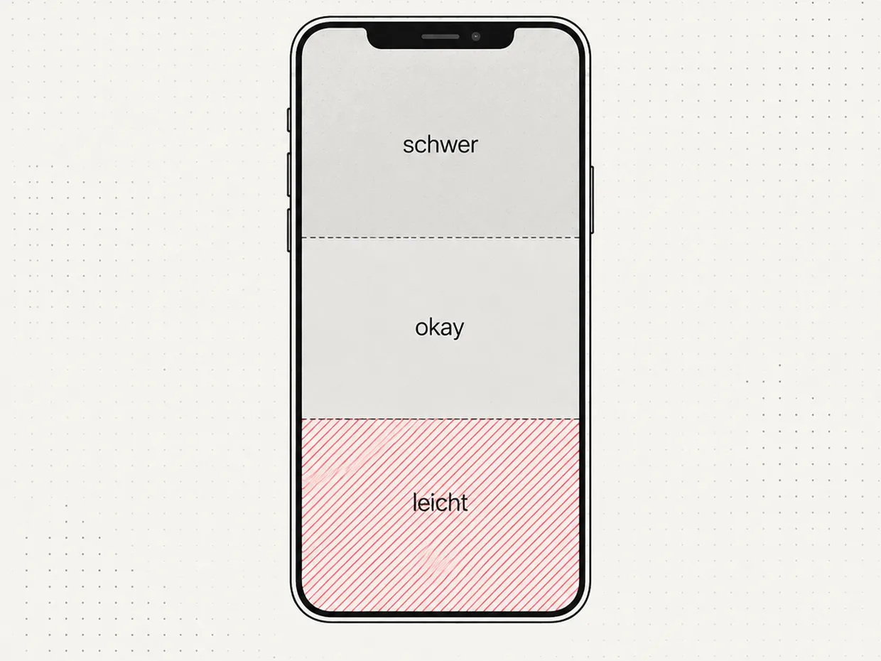 Smartphone mit drei Zonen der Daumenreichweite: unten leicht, Mitte okay, oben schwer