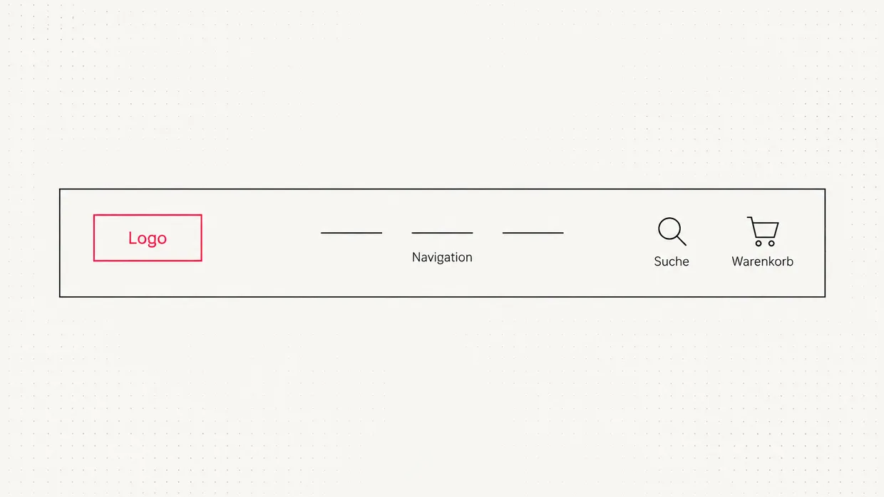 Wireframe of a typical header with logo on the left, navigation in the middle and search and cart on the right
