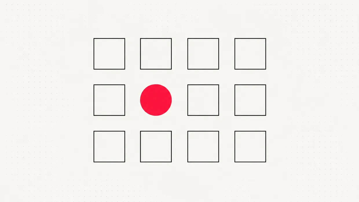 Grid of twelve identical squares, one of which stands out as a red circle