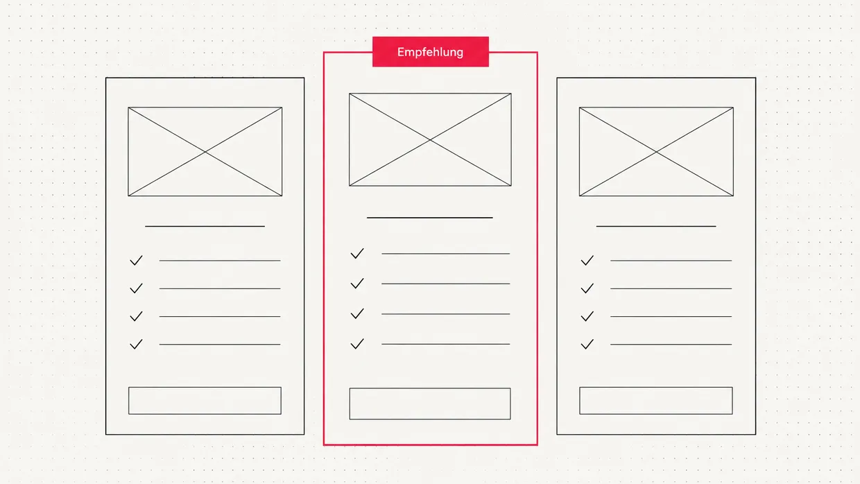Wireframe of a pricing table with three columns, the middle one highlighted as recommended