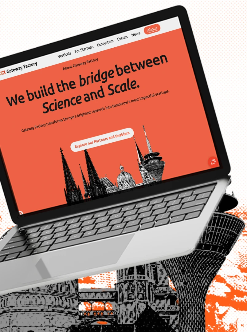 Gateway Factory Website auf einem Laptop mit orangefarbener Illustration