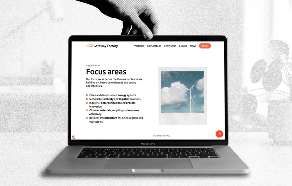 Webflow-Seite der Gateway Factory mit Fokusbereichen