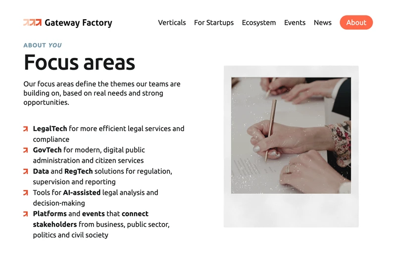 Gateway Factory Fokusbereiche der Website